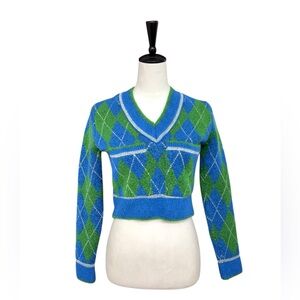 ZARA Argyle Knit Crop Sweater Blue Green V Neck Long Sleeve XS